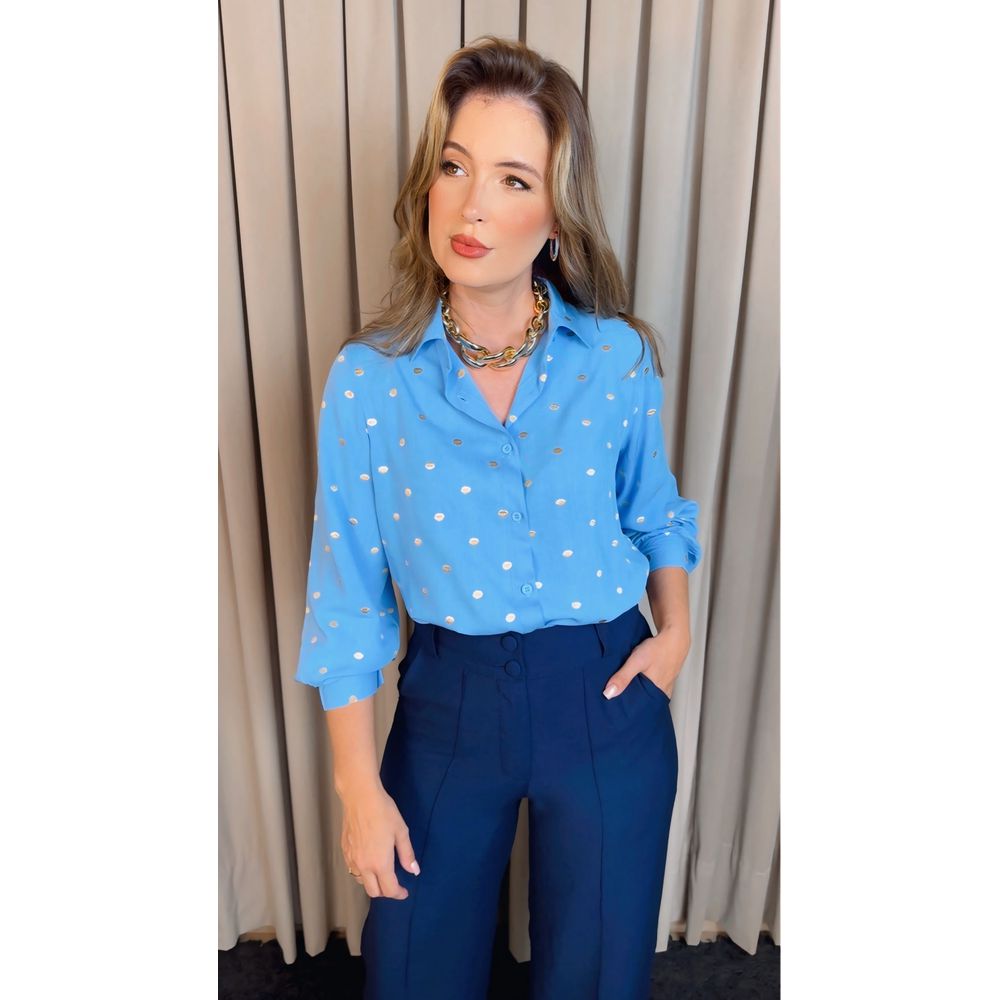 Camisa Feminina Manga Longa Bordada Poa - Cod: 327 - Azul Poa Dorado