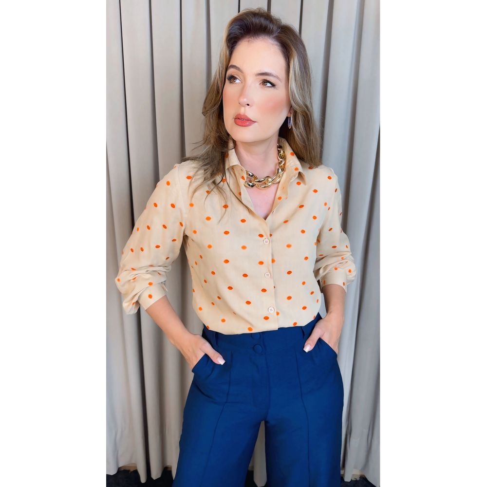 Camisa Feminina Manga Longa Bordada Poa - Cod: 327 - Nude Poa Laranja