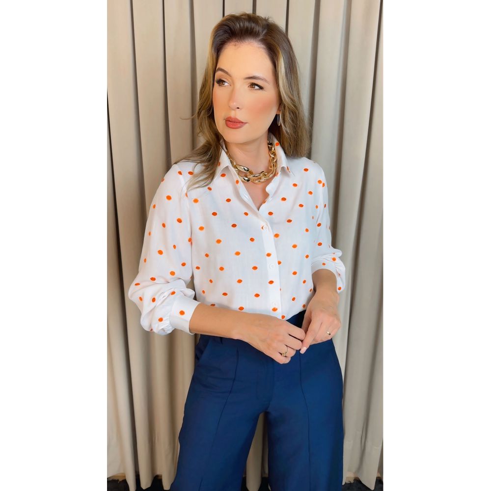 Camisa Feminina Manga Longa Bordada Poa - Cod: 327 -Branca Poa Laranja