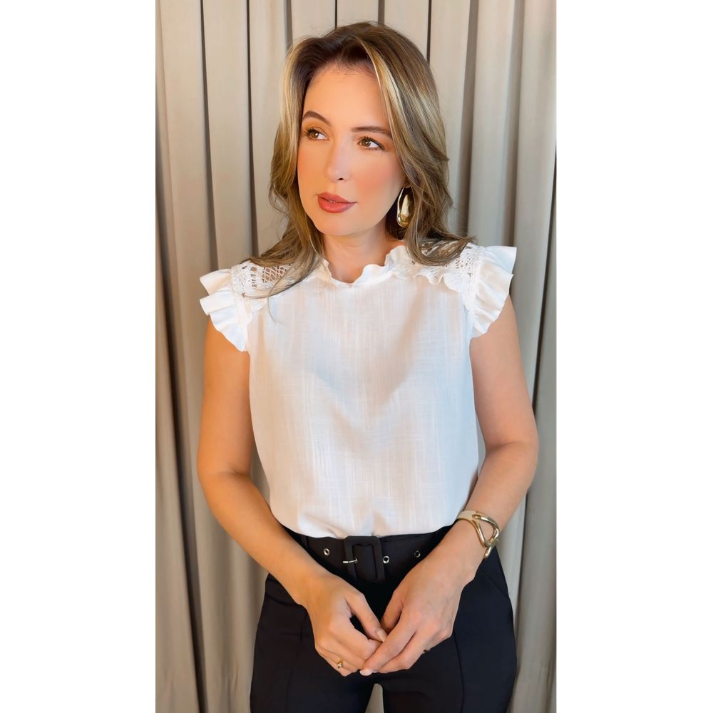 Blusa Feminina com Aplicação em Crochê- Branco - Cód 317
