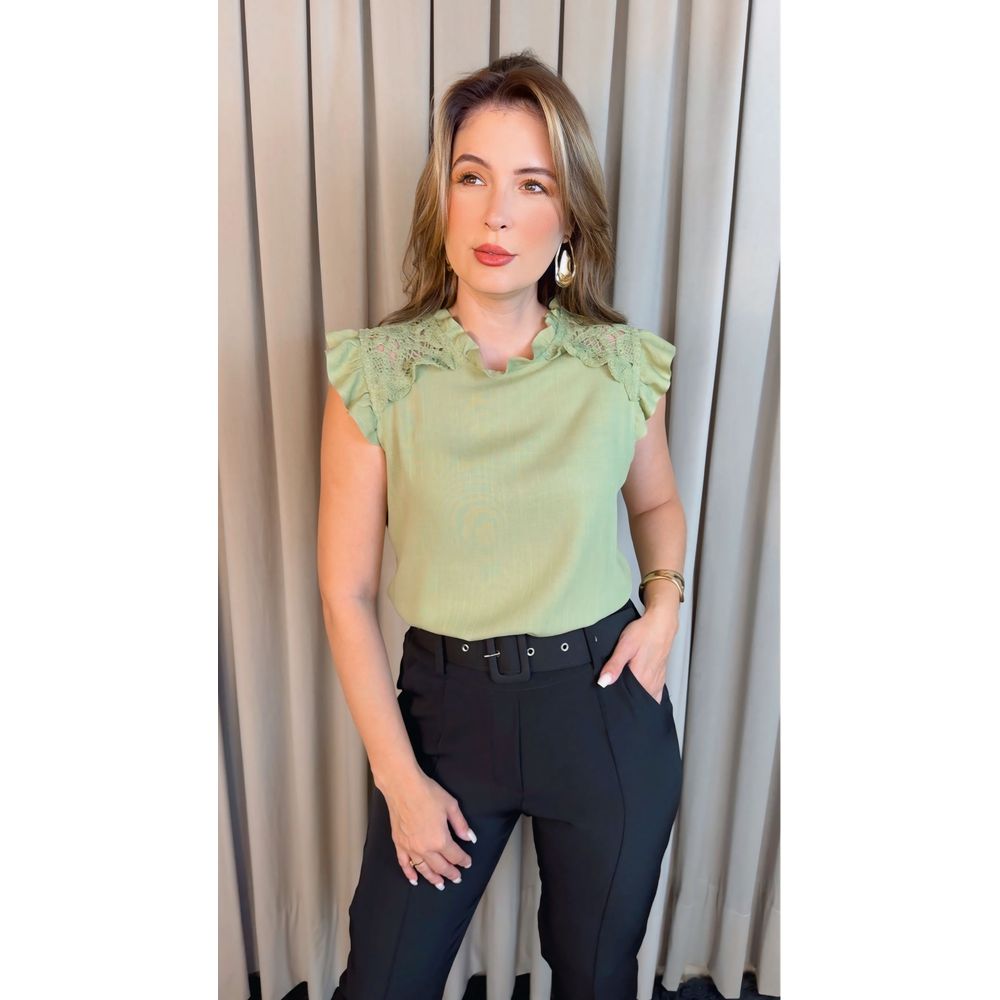 Blusa Feminina com Aplicação em Crochê-Verde - Cód 317