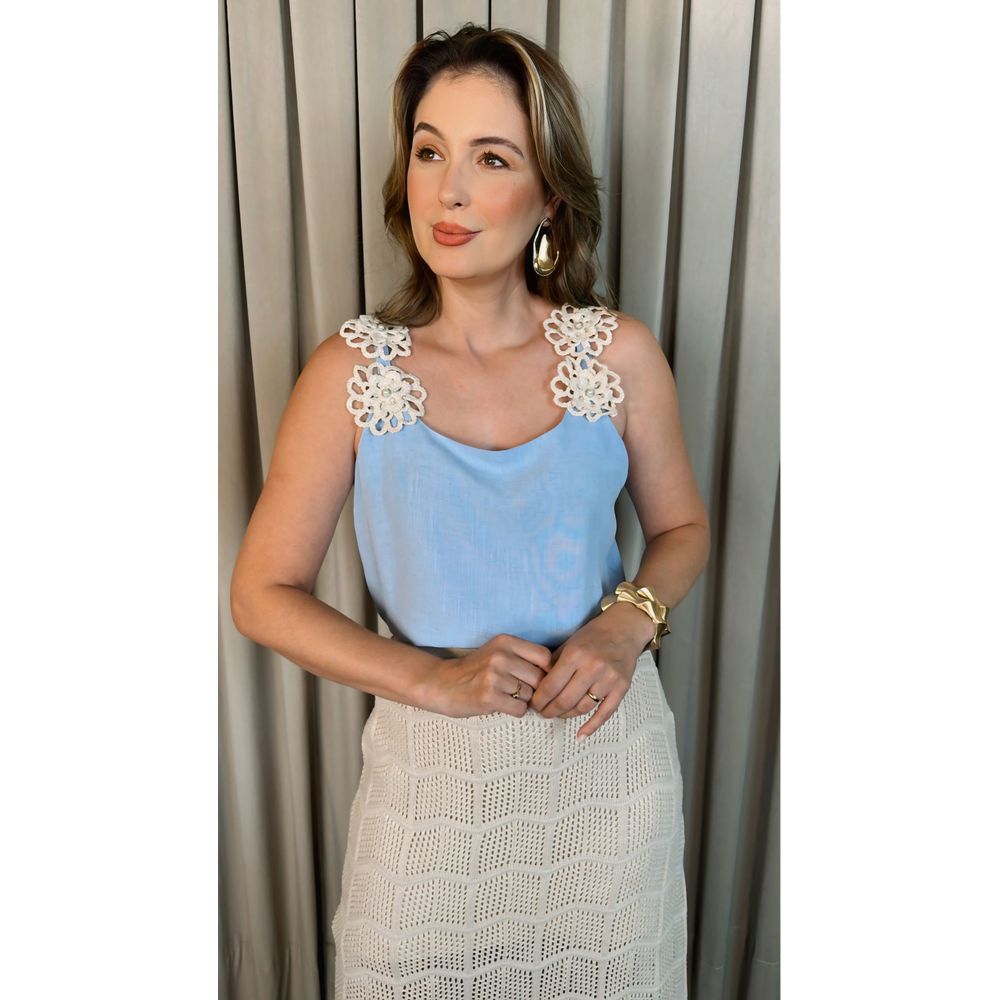 Regata Feminina Bordada Flor - Cod 314 - Azul