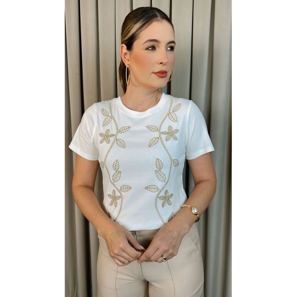 T-shirt Feminina Delicada Bordada - Branca - Cod 305