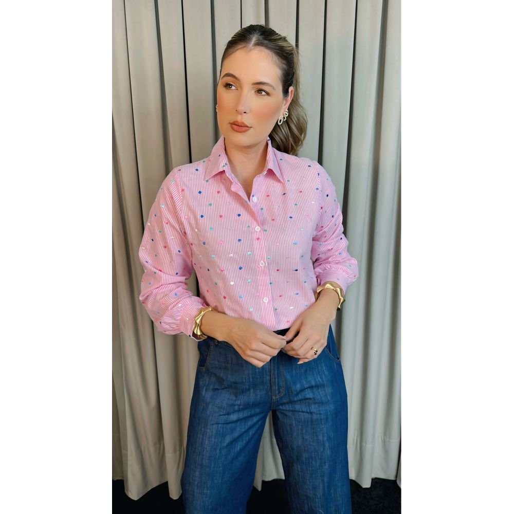 Camisa Feminina Manga Longa Bordada Poa - Cod: 306 - Rosa