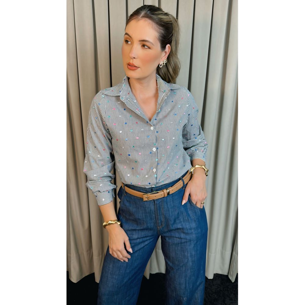 Camisa Feminina Manga Longa Bordada Poa - Cod: 306 - Preto