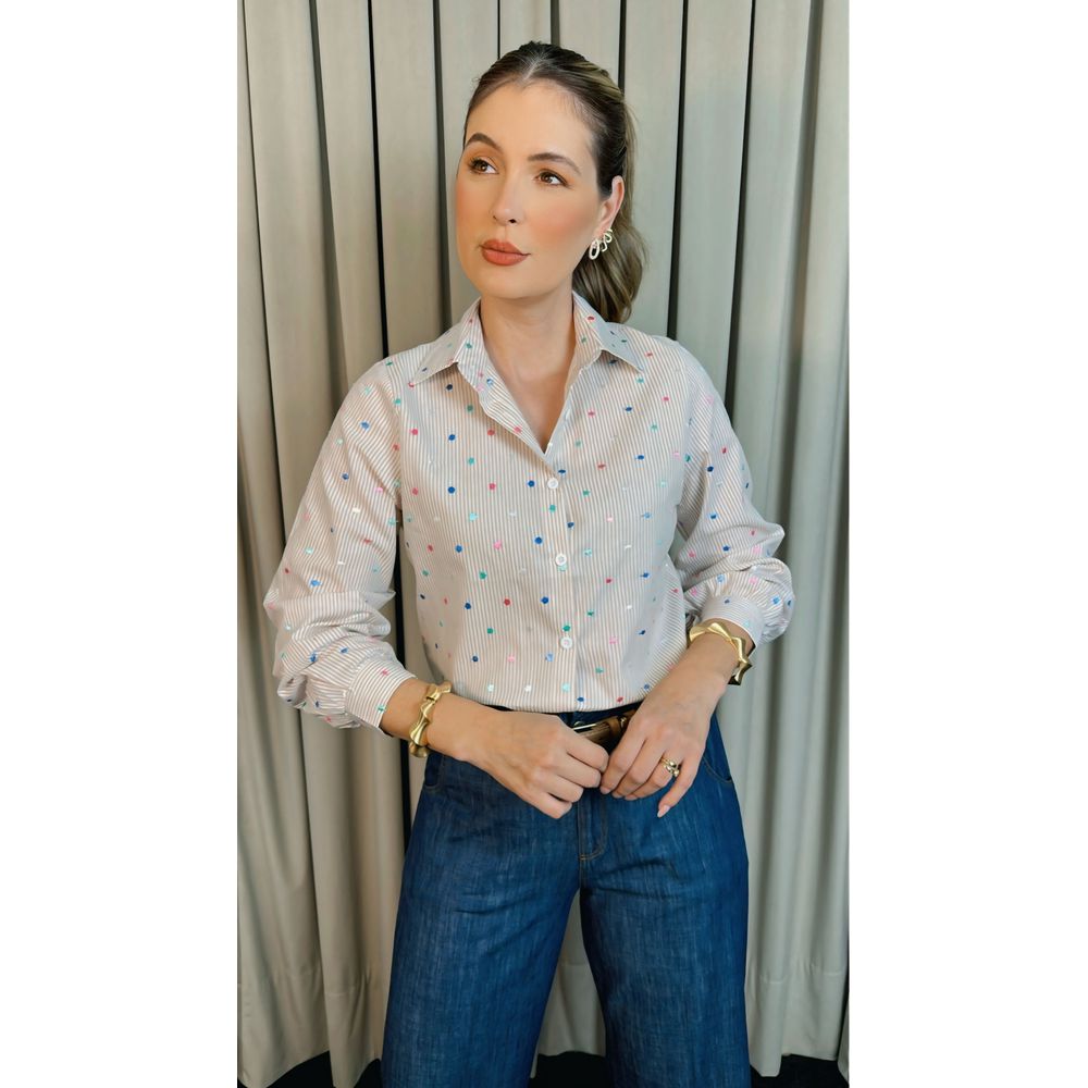 Camisa Feminina Manga Longa Bordada Poa - Cod: 306 - Nude