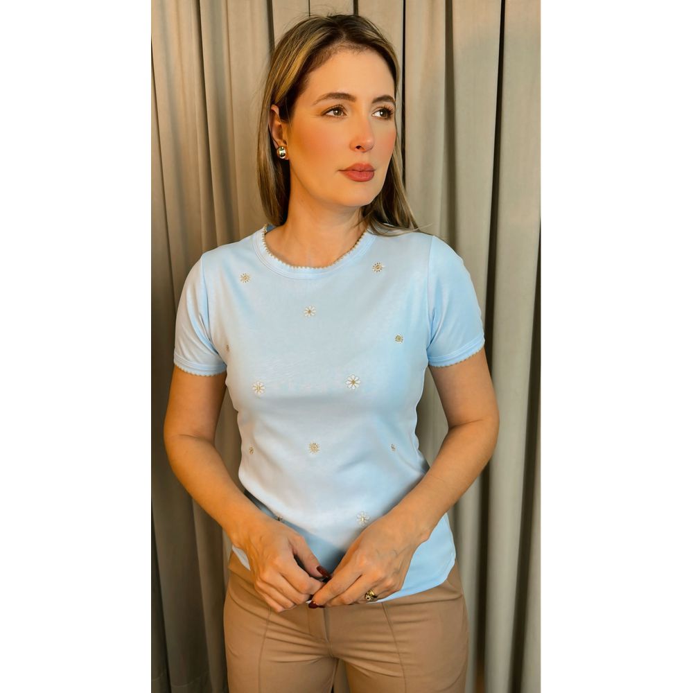 T-shirt Feminina Delicada Bordada - Azul - Cod 293