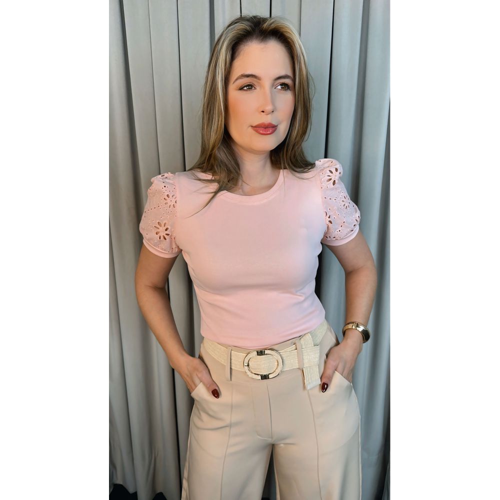 T-shirt Feminina Com Detalhe Na Manga Lese - Rosa - Cod 289
