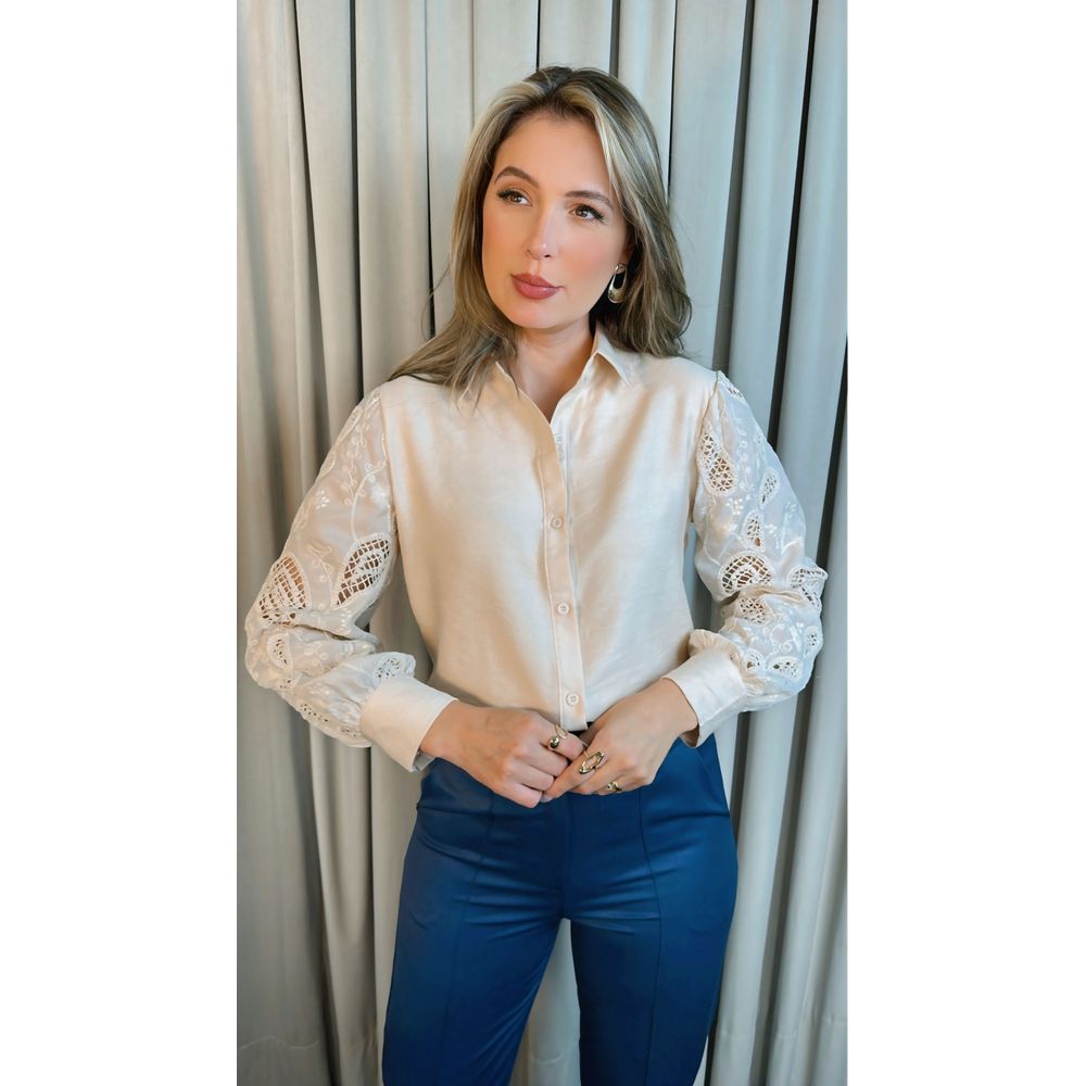 Camisa Feminina Manga Longa Bordada - Cod: 277 - Nude