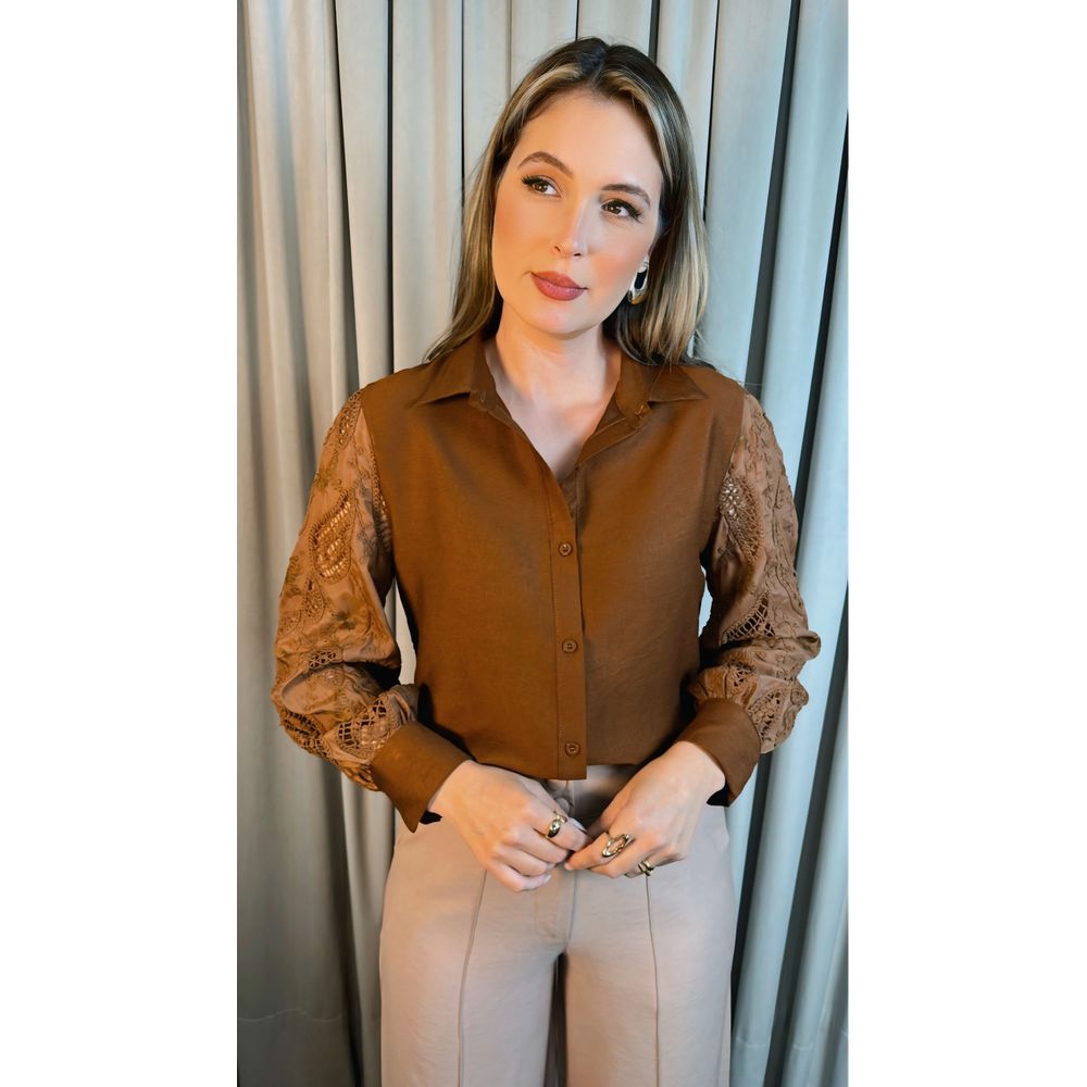 Camisa Feminina Manga Longa Bordada - Cod: 277 - Marrom
