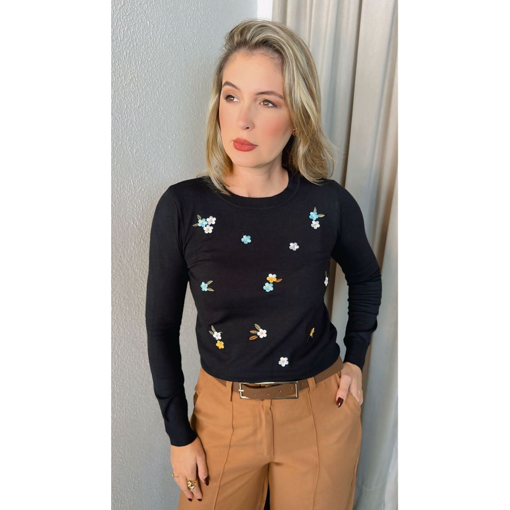 Blusa Feminina Manga Longa Em Trico Bordada - Preto - Cod 266