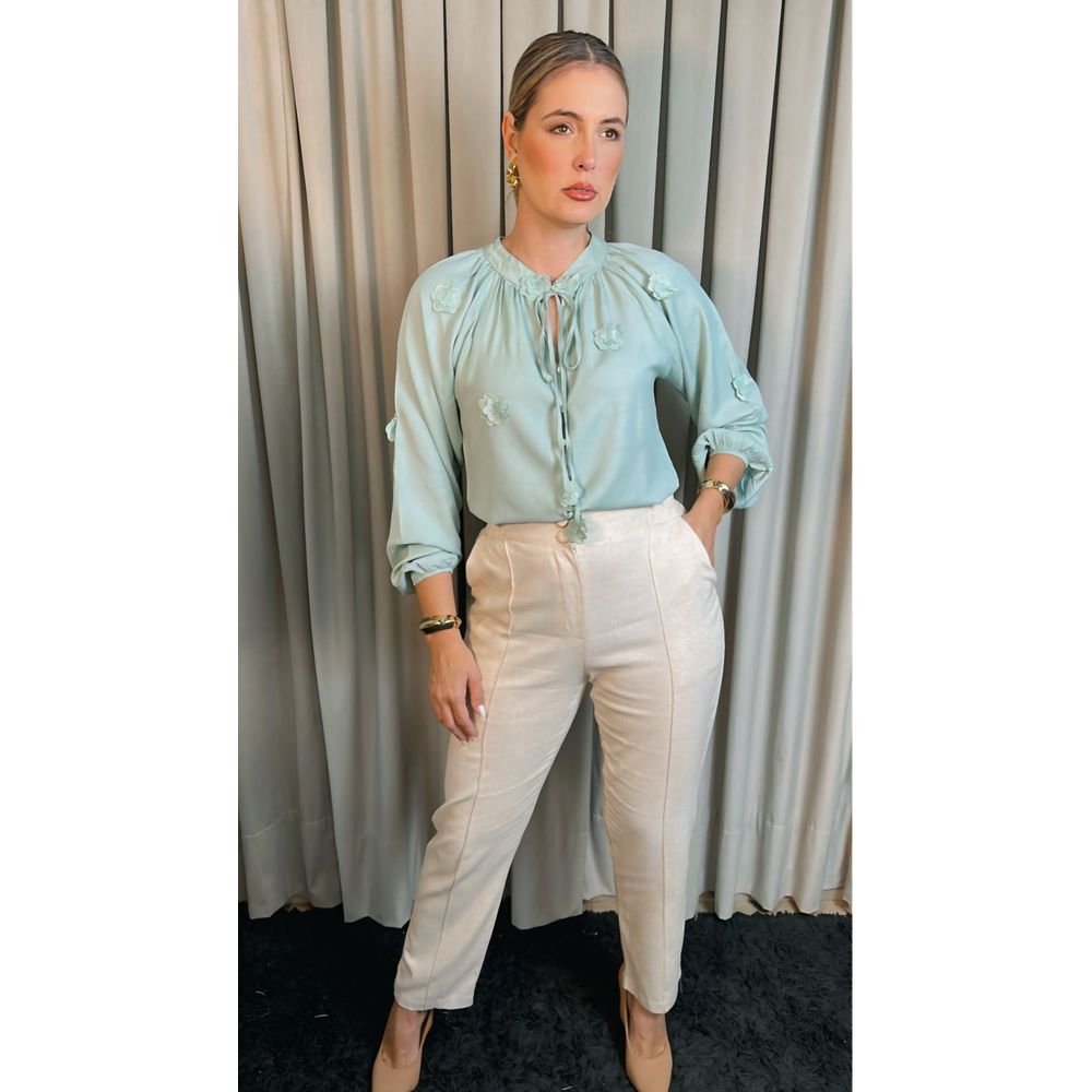 Camisa Feminina Manga Longa Bordada Flor - Cod: 273 - Verde Menta