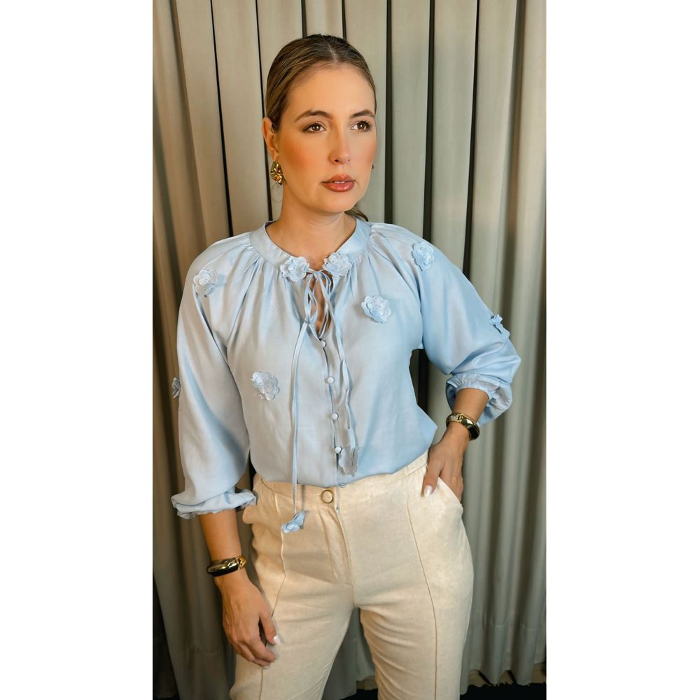 Camisa Feminina Manga Longa Bordada Flor - Cod: 273 - Azul