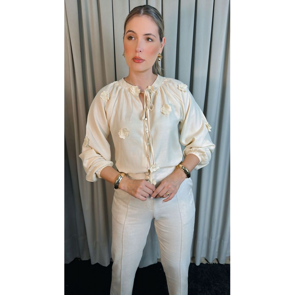 Camisa Feminina Manga Longa Bordada Flor - Cod: 273 - Branca