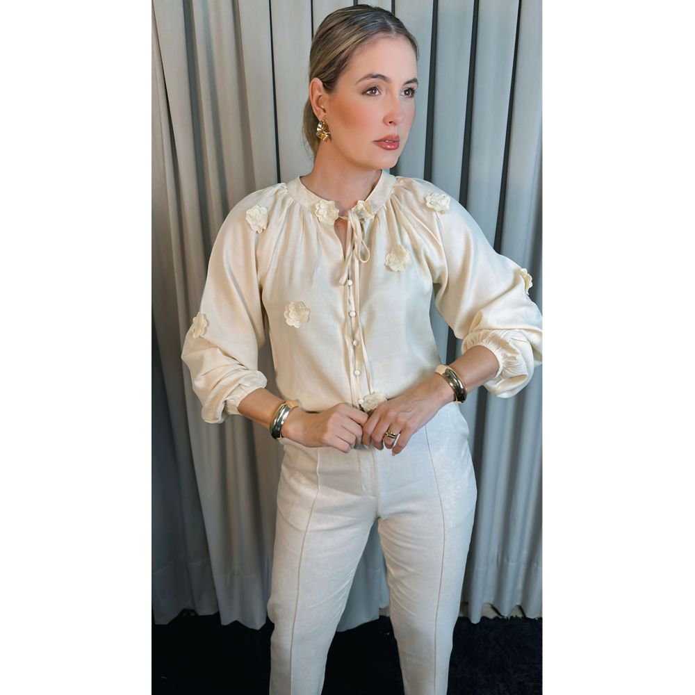 Camisa Feminina Manga Longa Bordada Flor - Cod: 273 - Nude