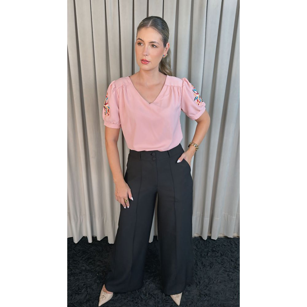 Blusa Feminina Manga Bordada Colorida - Rosa - Cod 223