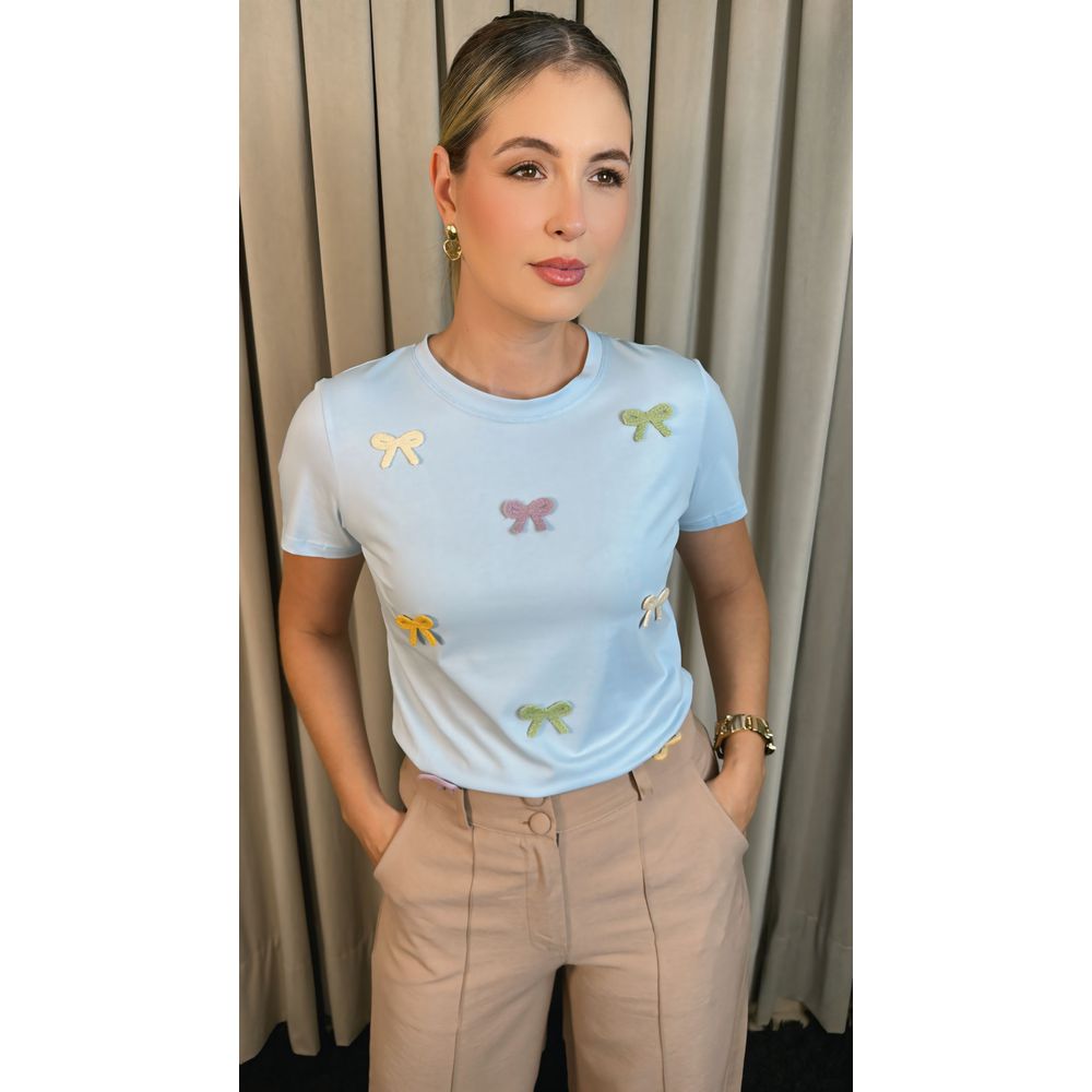 T-shirt Feminina Bordada Laço - Azul - Cod 227