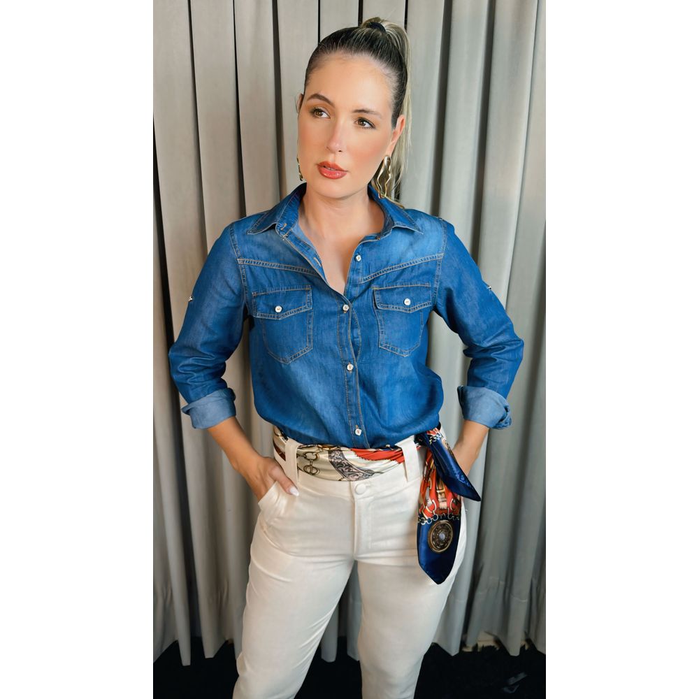 Camisa Jeans Manga Longa Feminina - Cod: 228 -Jeans Escuro