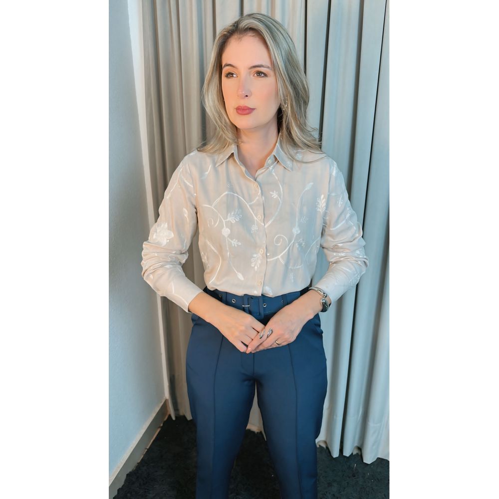 Camisa Feminina Bordada Manga Longa Arabesco - Cod: 255 - Nude