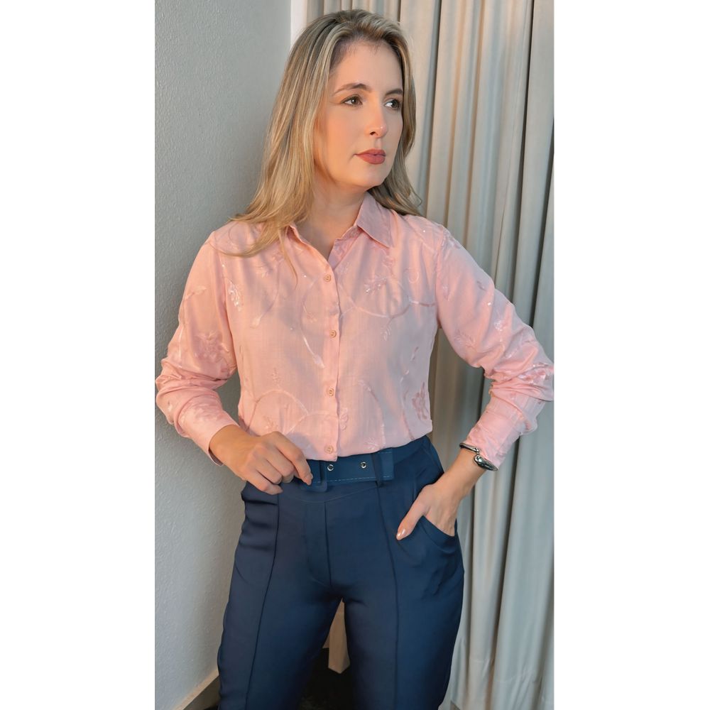 Camisa Feminina Bordada Manga Longa Arabesco - Cod: 255 - Rosa