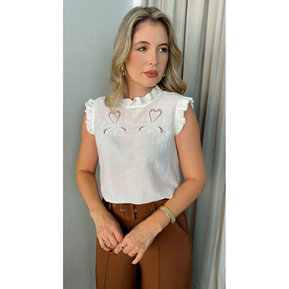 Blusa Feminina Sem Manga Bordada -Branca - Cod 262