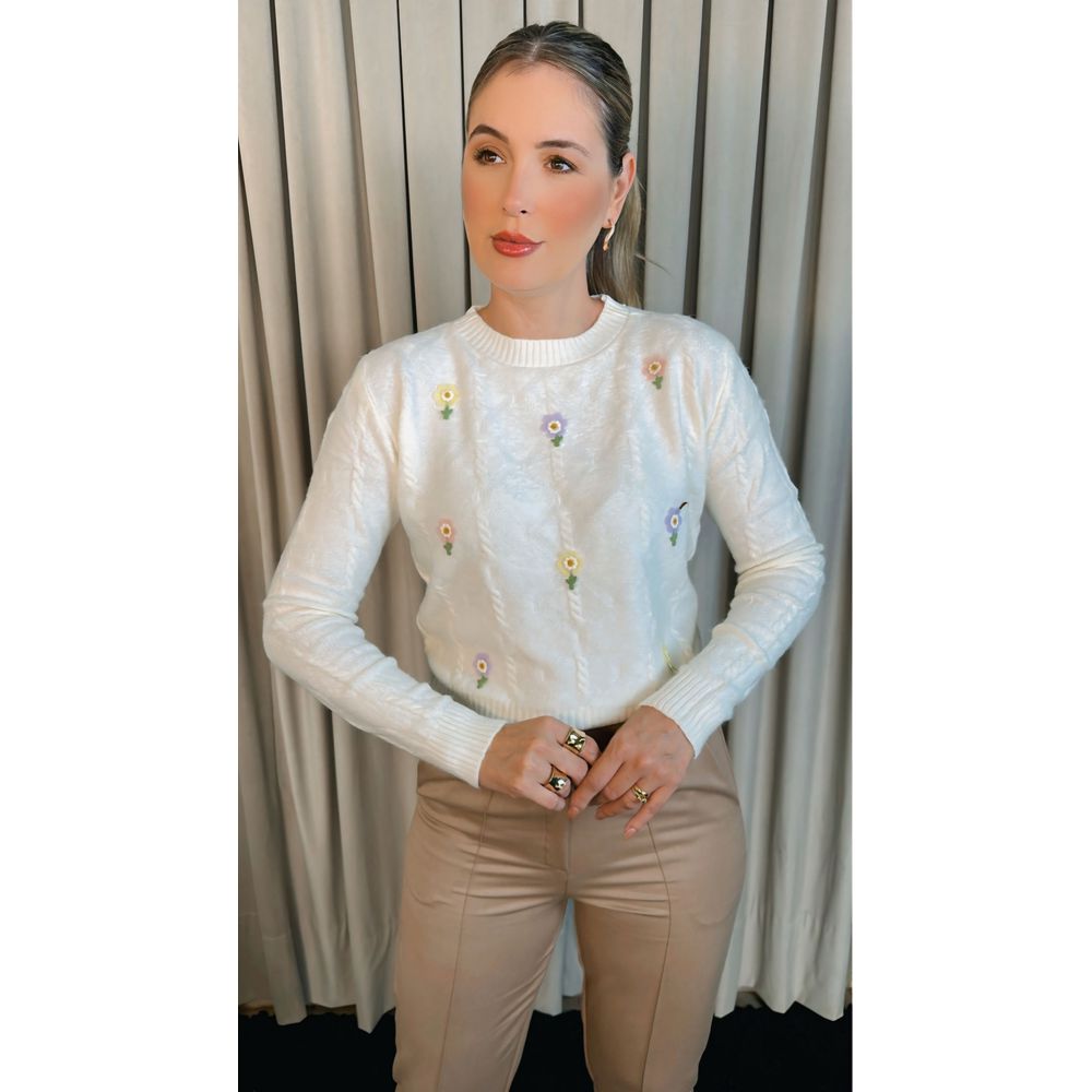 Blusa Feminina Em Tricô Com Aplicação De Flores - Cod 271 - Branca