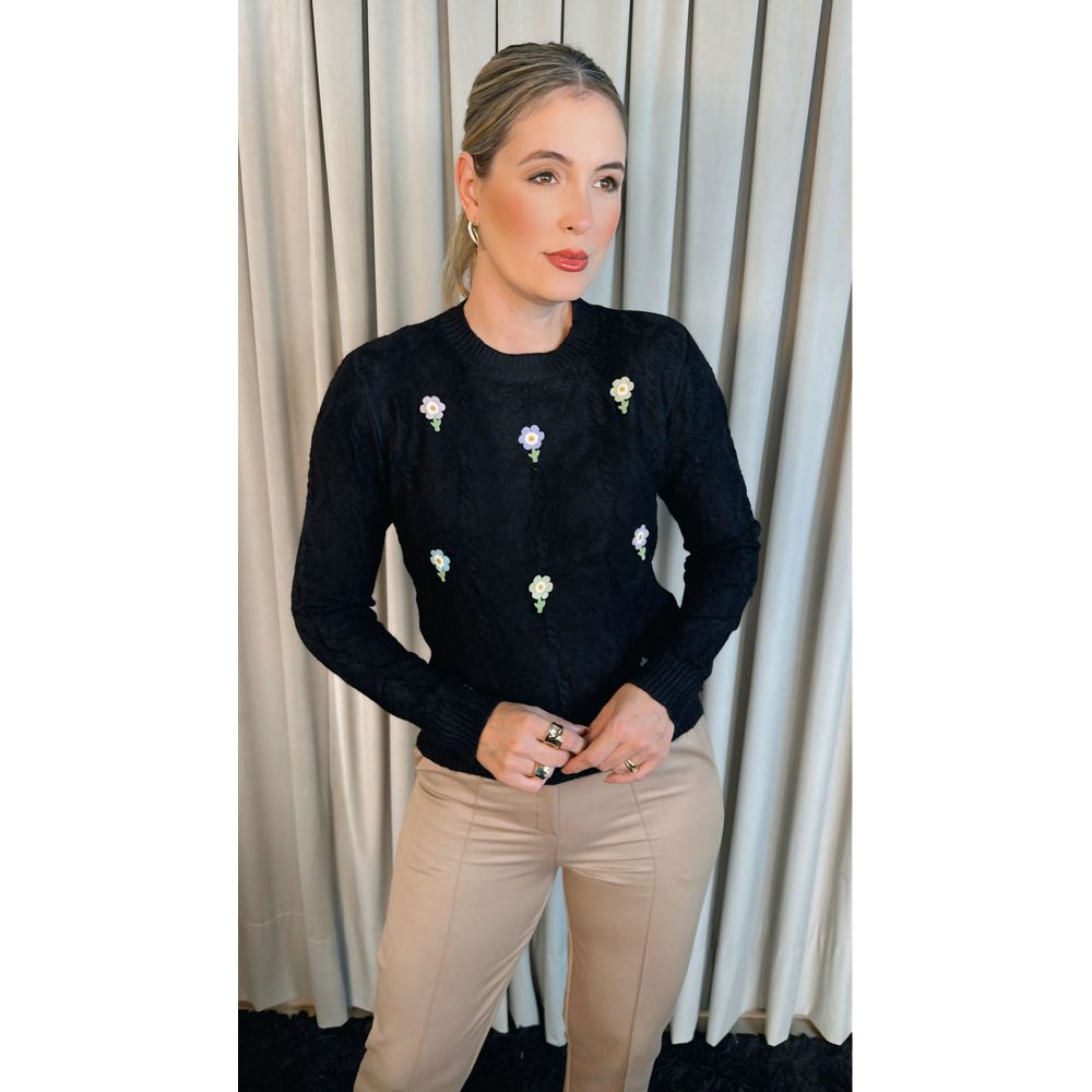 Blusa Feminina Em Tricô Com Aplicação De Flores - Cod 271 - Preta