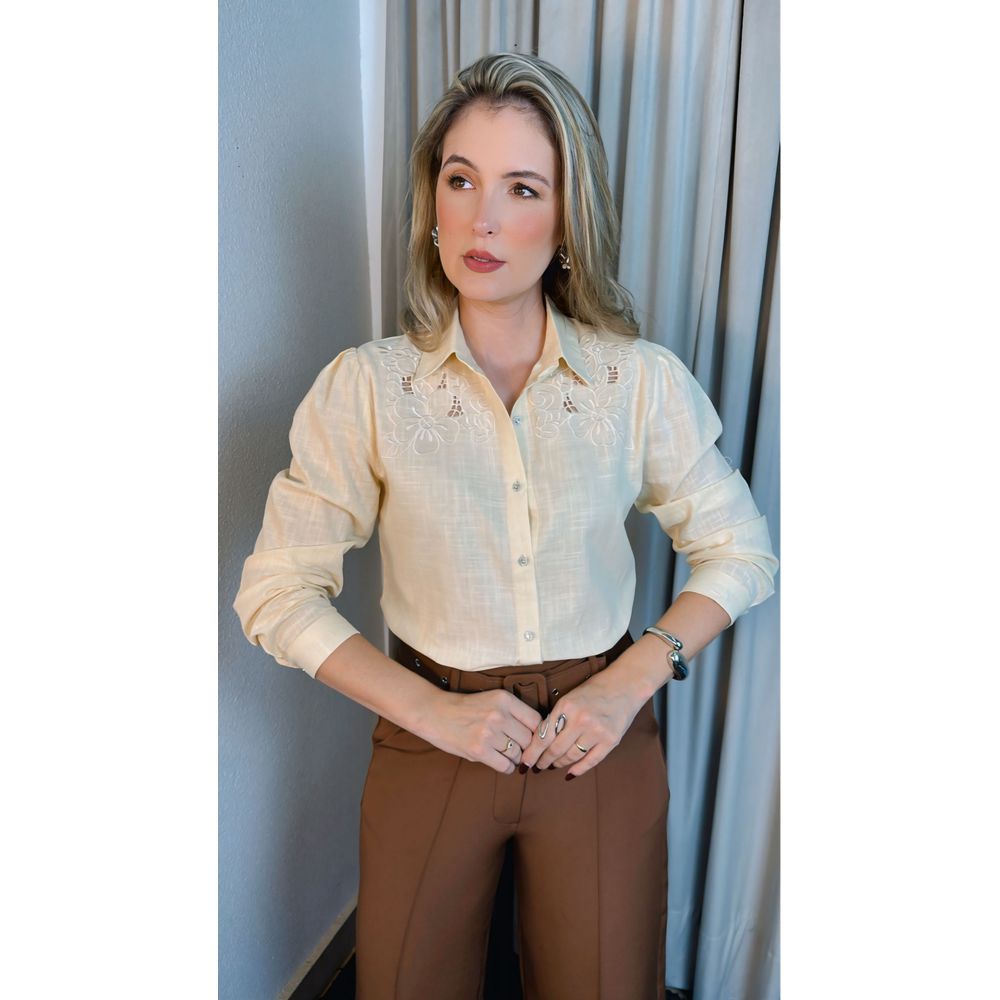 Camisa Feminina Bordada Manga Longa Flor - Cod: 264 - Nude
