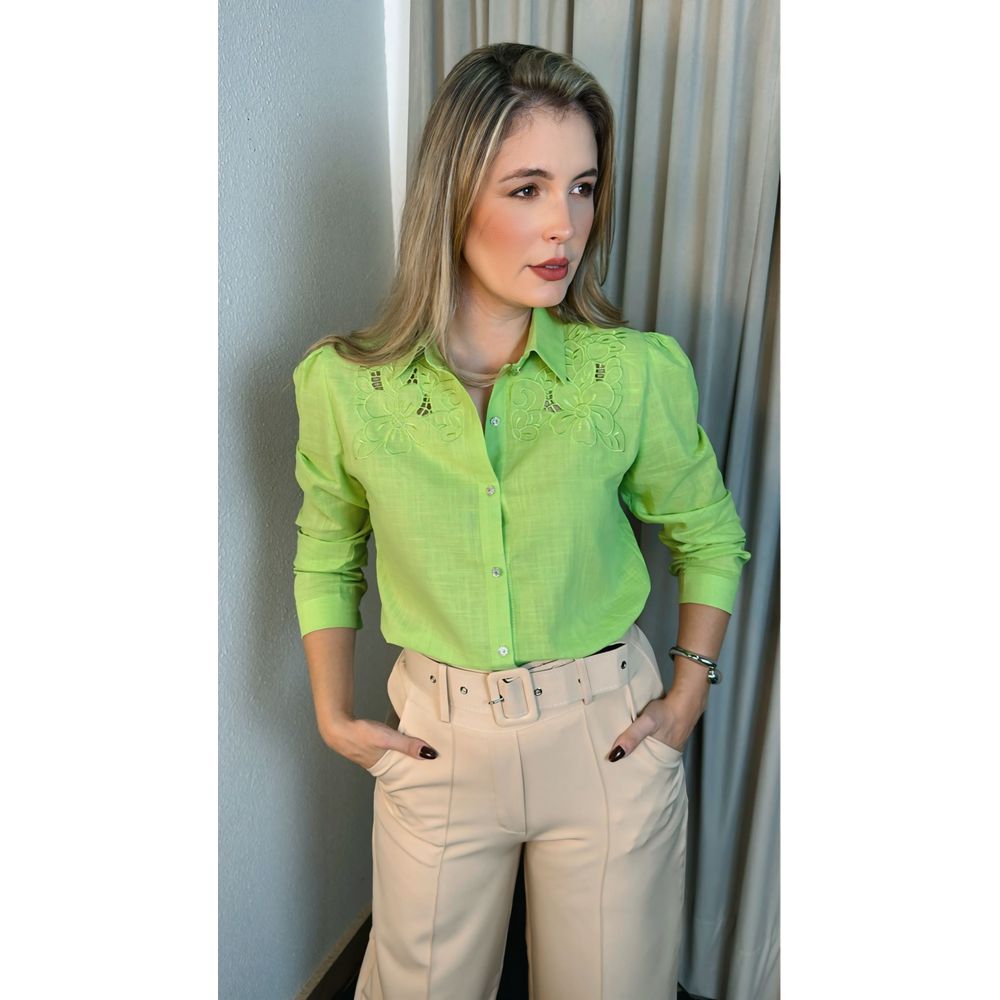 Camisa Feminina Bordada Manga Longa Flor - Cod: 264 - Verde