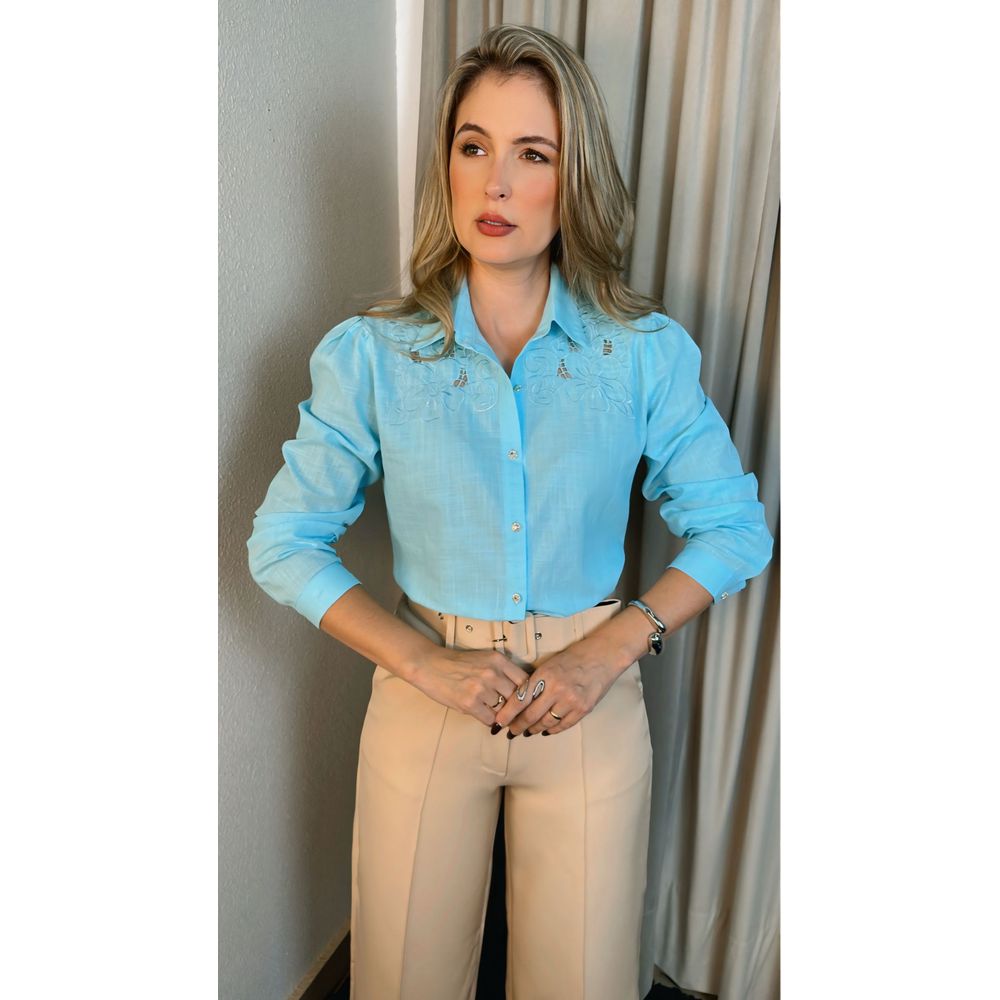 Camisa Feminina Bordada Manga Longa Flor - Cod: 264 - Azul