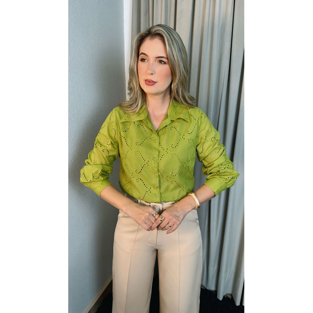 Camisa Feminina Em Lese Bordada Manga Longa - Cod: 263 - Verde