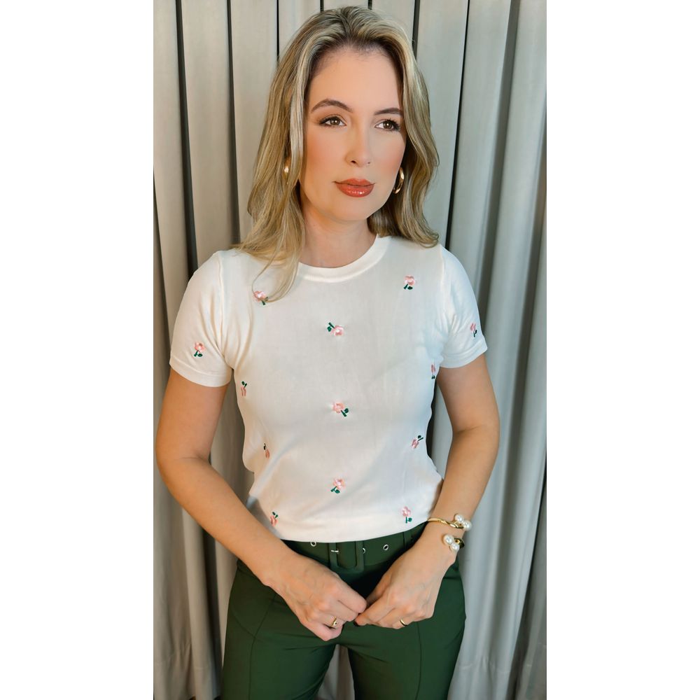 T-shirt Em Trico Bordada - Off White - Cod 244