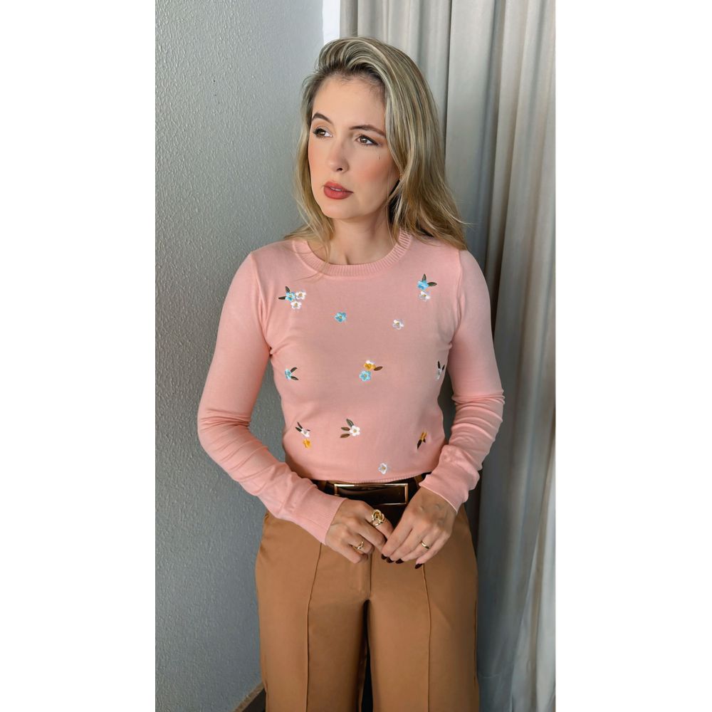Blusa Feminina Manga Longa Em Trico Bordada - Rosa - Cod 266