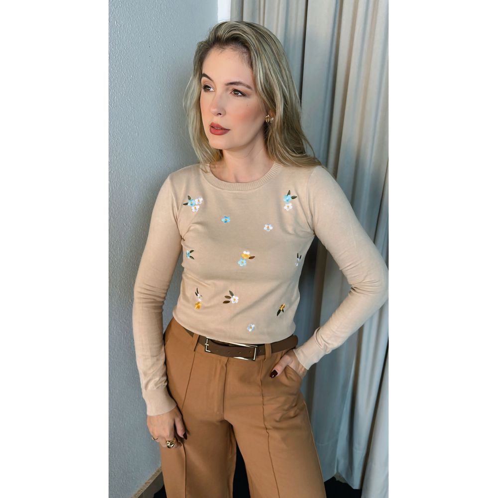 Blusa Feminina Manga Longa Em Trico Bordada - Nude - Cod 266
