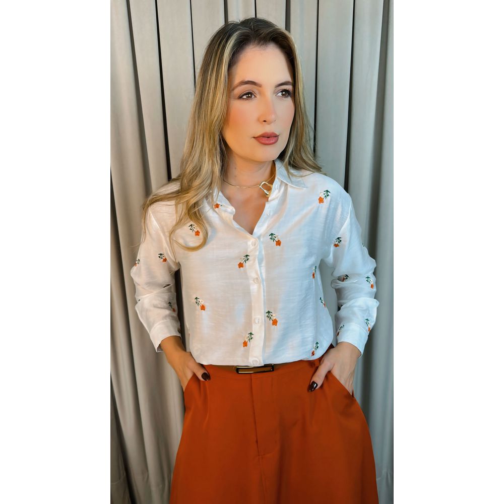 Camisa Feminina Manga Longa Bordada - Cod: 219 - Branco