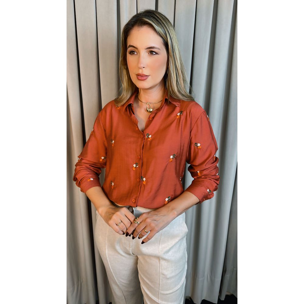 Camisa Feminina Manga Longa Bordada - Cod: 219 - Terracota