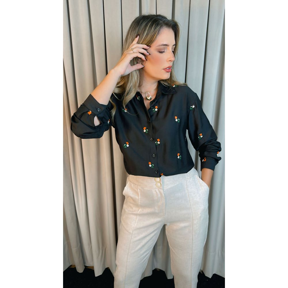 Camisa Feminina Manga Longa Bordada - Cod: 219 - Preto