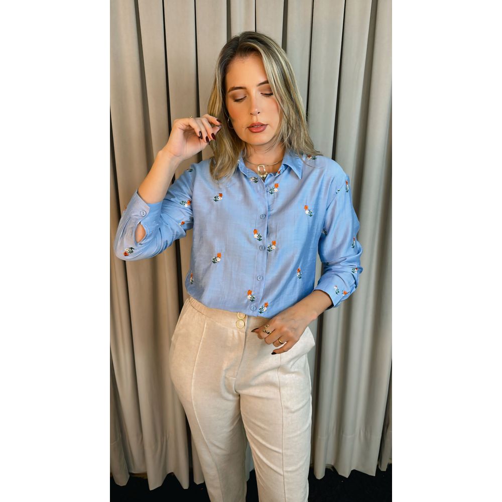 Camisa Feminina Manga Longa Bordada - Cod: 219 - Azul