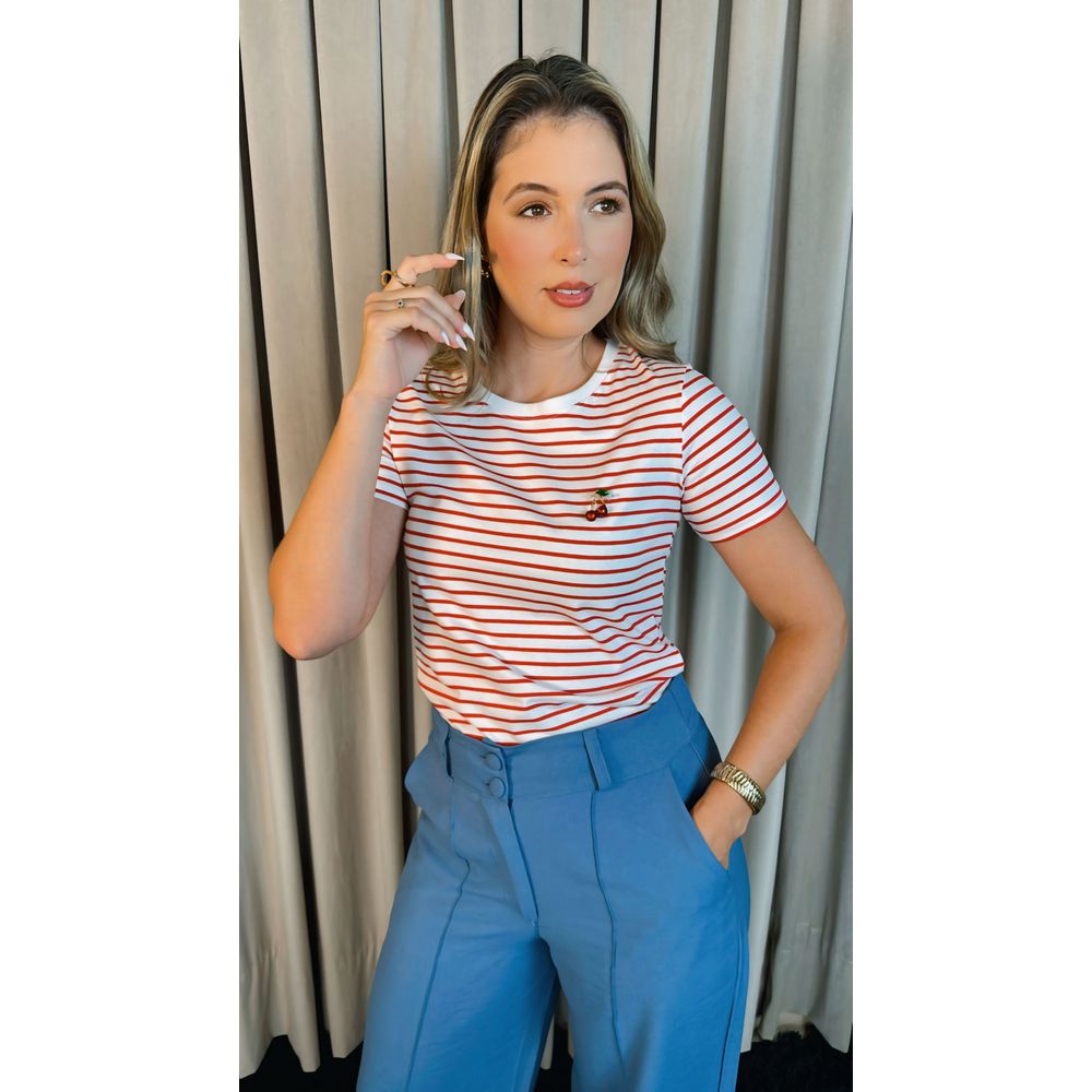 T-shirt Feminina Listrada Delicada - Vermelha - Cod 221 