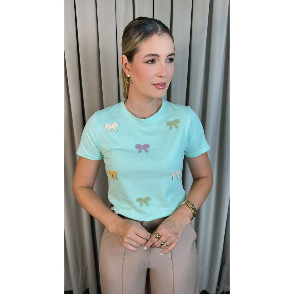 T-shirt Feminina Bordada Laço - Verde- Cod 227