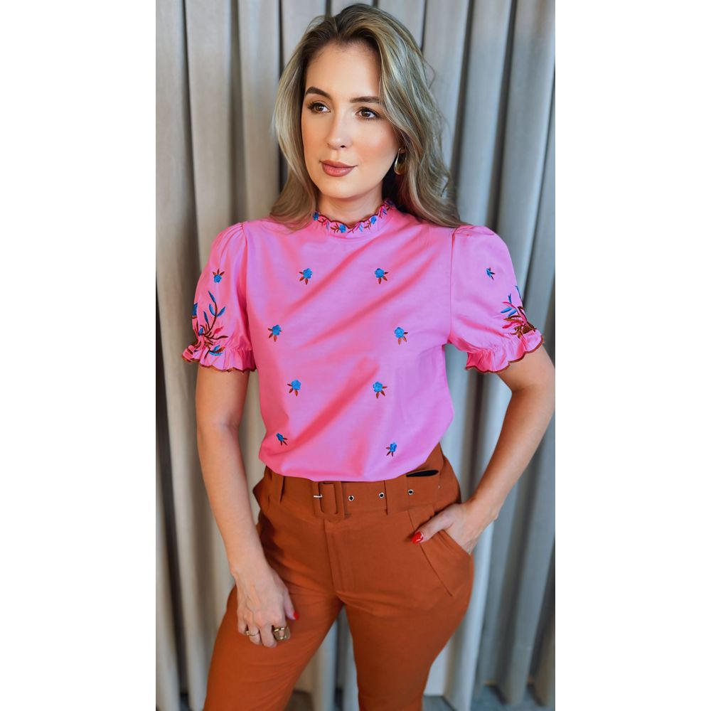 Blusa Feminina Bordada Em Algodao Rosa D Menina