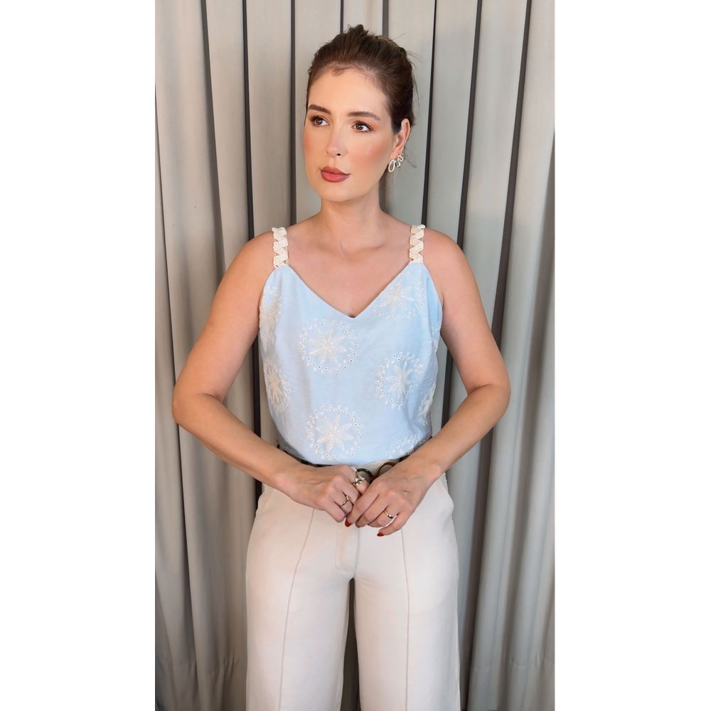 Blusa Feminina Regata Bordada - Azul - Cod 539