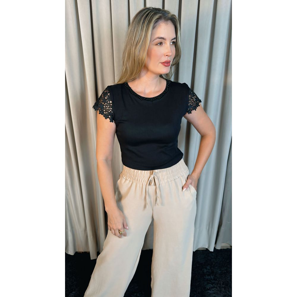T-shirt Feminina Manga Bordado Cod- 524 - Preta