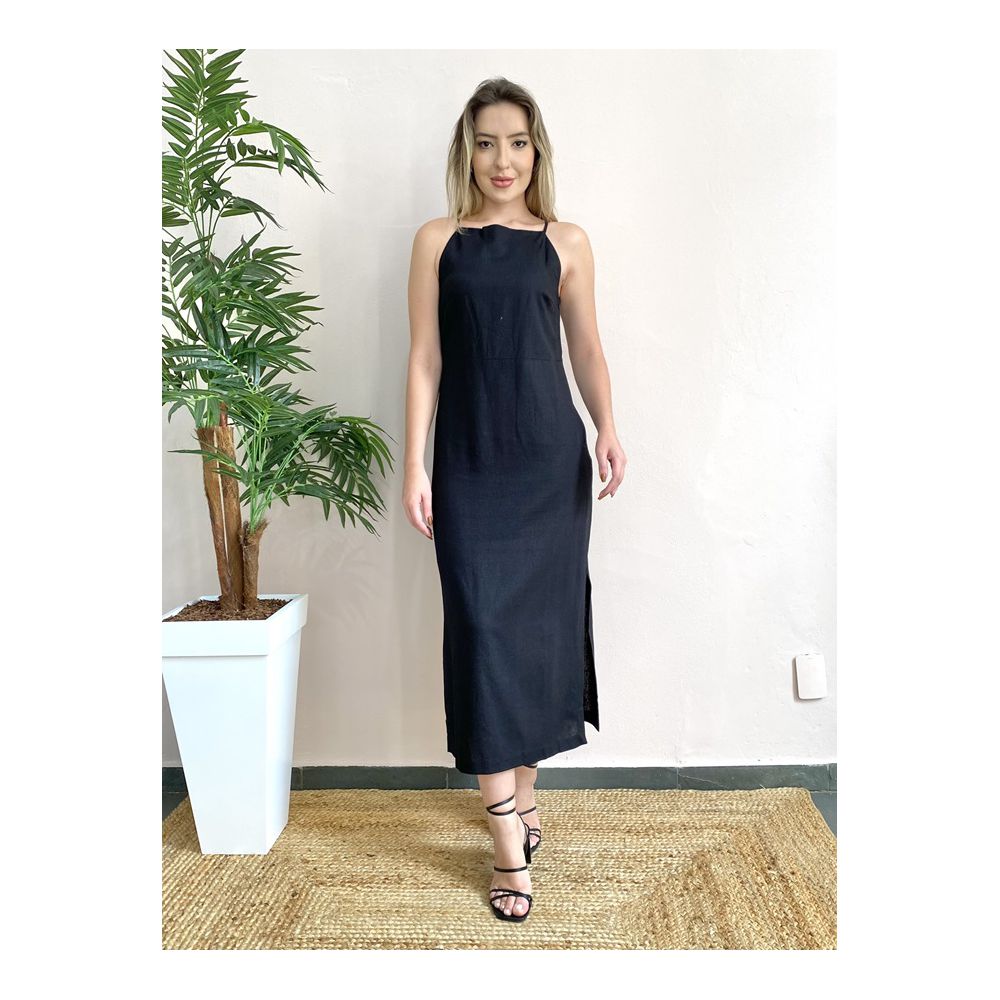 Vestido Linho Fenda Lateral - Preto - DONNA LELLA