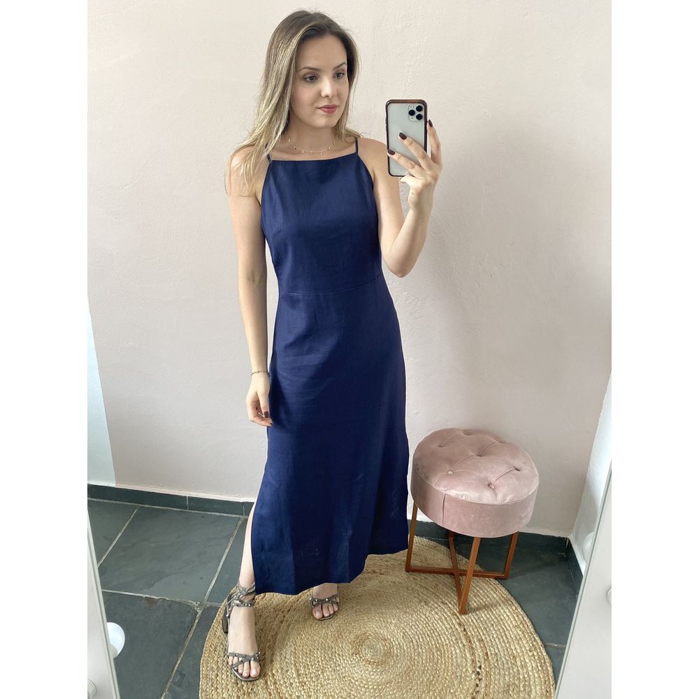 Vestido Linho Fenda Lateral - Marinho - DONNA LELLA