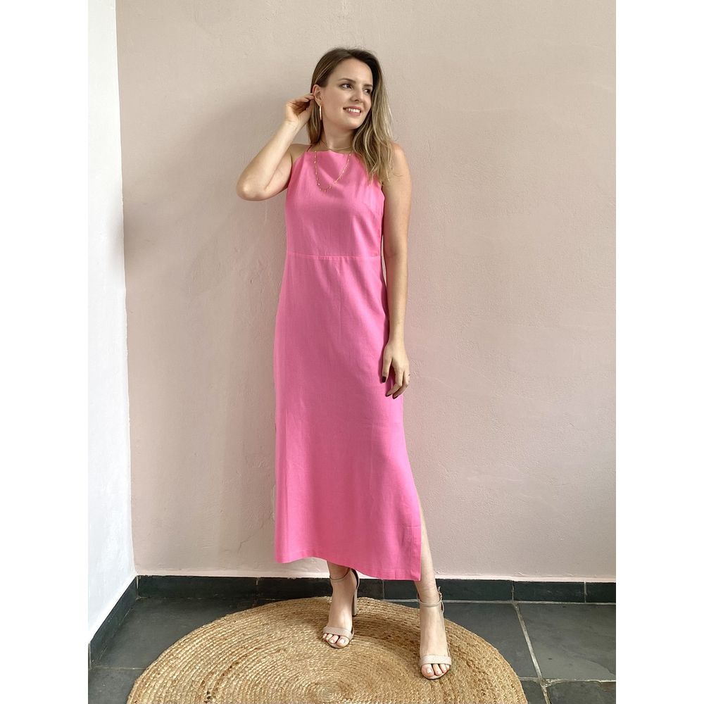 Vestido Linho Fenda Lateral - Rosa - DONNA LELLA