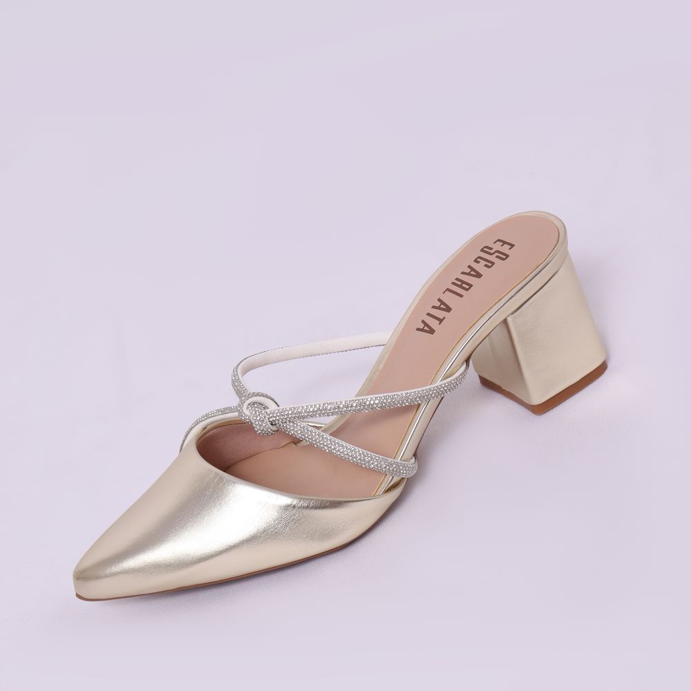 Scarpin Mule Valentina Salto Bloco Ouro Light Escarlata