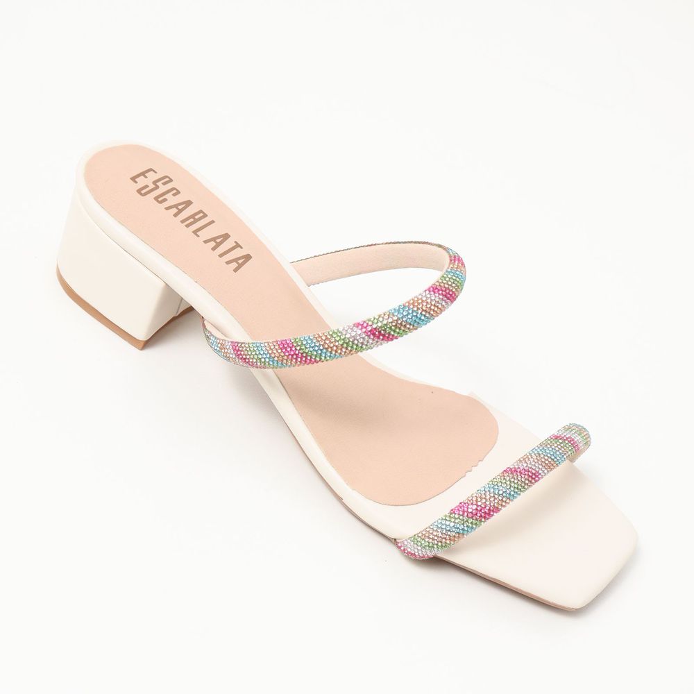 Tamanco Kelly Tiras de Strass Coloridas - Off Whit... - Escarlata