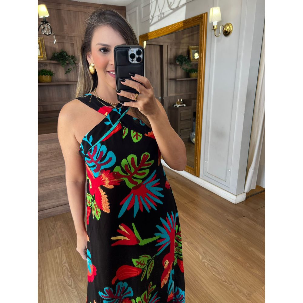 VESTIDO VISCOLINHO ESTAMPADO LONGO - PRETO - Espasso Bela | Moda Feminina