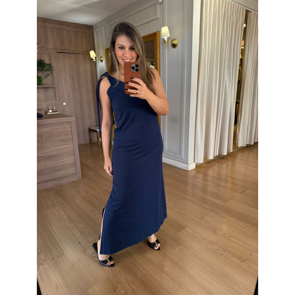 VESTIDO MALHA DE ALGODÃO UM OMBRO SÓ - AZUL MARINH... - Espasso Bela | Moda Feminina
